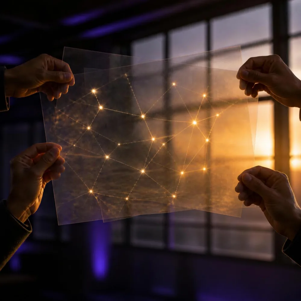 Des mains tenant des calques transparents où s'allume une constellation, image de l'intelligence collective