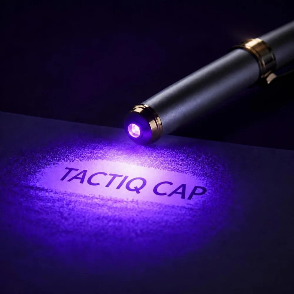 Le nom TACTIQ CAP révélé sur le papier par une lampe à lumière ultraviolette