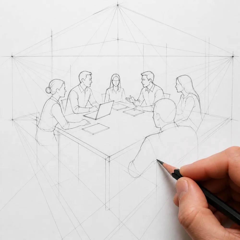 Croquis au crayon d'une équipe réunie autour d'une table de réunion, en perspective